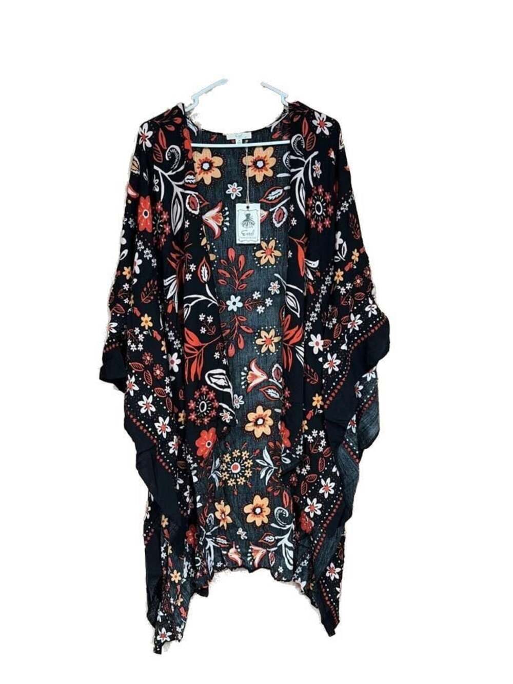 Easel Los Angeles Floral Print Kimono Style Cardigan Black Rust ED 16142